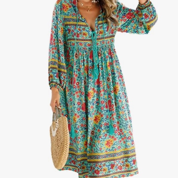 R.Vivimos Women's Long Sleeve Floral V Neck Bohemian Midi Dress XL (teal) - Picture 1 of 5
